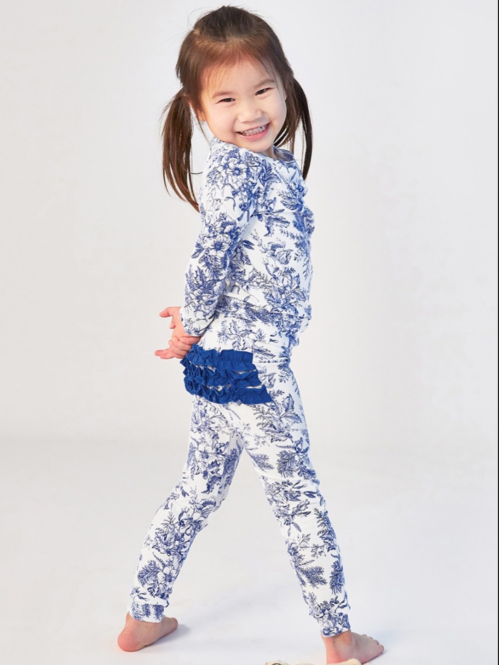 RuffleButts Blue and White Floral Ruffle Pajama Set